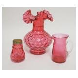 1158	3 PIECES CRANBERRY GLASS, SALT SHAKER, VASE & CREAMER, TALLEST IS 7 IN