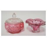 1159	2 PIECES CRANBERRY GLASS, POWDER JAR & SMALL BOWL, JAR IS 5 3/4 IN DIAMETER