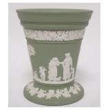 1163	GREEN WEDGWOOD JASPERWARE VASE W/FLOWER FROG INSERT, MADE IN ENGLAND, 6 3/4 IN HIGH X 6 IN TOP 