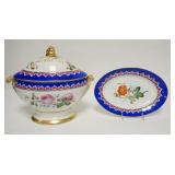 1169	19TH CENTURY TUREEN W/MATCHING PLATTER, HAND PAINTED, TUREEN IS 14 1/4 IN ACROSS THE HANDLES X 
