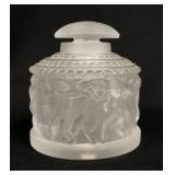 1181	FROSTED LALIQUE BOTTLE W/STOPPER, HAS DANCING PUTI ALL AROUND, SCRIPT SIGNED, 4 1/8 IN HIGH