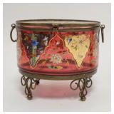 1187	VICTORIAN CRANBERRY ENAMELED DRESSER BOX IN  A BRASS FRAME, 5 3/8 IN DIAMETER X 4 5/8 IN HIGH