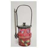 1189	CRANBERRY ENAMELED PICKLE CASTER, HANDLE NEEDS TO BE RESOLDERED TO THE LID, INCLDUES TONGS