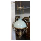 1199	VICTORIAN STYLE HANGING LAMP W/CASED LIGHT BLUE SHADE, BRASS, HAS LONG CHAIN TO ADJUST HANGING 