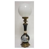 1201	PAINTED GLASS LAMP W/CLASSICAL FIGURES *CEBES*, HAS WHITE GLOBE, 28 3/4 IN HIGH
