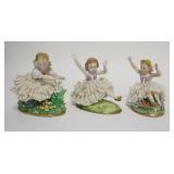 1207	3 SITZENDORF SMALL PORCELAIN FIGURES, HAND PAINTED, MINOR LACE DAMAGE, TALLEST IS 4 IN