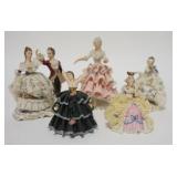 1208	5 GERMAN PORCELAIN FIGURES, LADY W/GENTLEMAN HAS ARM MISSING, USUAL LACE DAMAGE, TALLEST IS 5 1