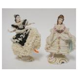 1210	2 PORCELAIN FIGURES W/LACE DRESSES, DRESDEN & IRISH, MINOR LACE DAMAAGE, TALLEST IS 6 1/2 IN