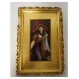 1212	PAINTING ON PORCELAIN OF A WOMAN HOLDING A SWORD & A SEVERED HEAD, HAS ILLEGIBLE BLUE MAKERS MA