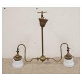1219	BRASS 2 LIGHT HANGING FIXTURE, HAS WHITE SATIN FINISH SHADES, APPROXIMATELY 30 IN WIDE X 28 IN 