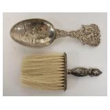 1222	ORNATE DUTCH TASTING SPOON & STERLING SILVER HANDLE BRUSH