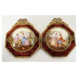 1233	PAIR OF PORCELAIN PLAQUES IN VELVET LINED BRASS FRAMES, 4 1/2 IN X 5 1/4 IN