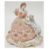 1237	GERMAN PORCELAIN FIGURE OF WOMAN & DOG, MINOR LACE DAMAGE IN THE BACK BOTTOM, 9 1/2 IN WIDE X 1