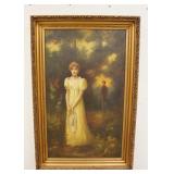 1252	HARRY GEORGE THEAKER OIL ON CANVAS 1896, LADY ON A WOODED PATHWAY W/A MAN BEHIND HER, 30 IN X 4