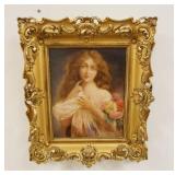 1253	PRINT W/OVER PAINTING OF A GIRL W/A BOUQUET OF FLOWERS, NICE GILT FRAME W/SOME LOSSES, ON BOARD