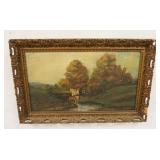 1256	OIL ON BOARD OF A COUNTRY MILL, SIGNED LOWER RIGHT, HAS CRAZING, SOME LOSSES TO THE PIERCED FRA