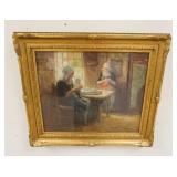 1259	FREDERICK CARL SMITH OIL ON CANVAS, DUTCH WOMAN SEATED AT A TABLE SEWING, GILT PERIOD FRAME, 31