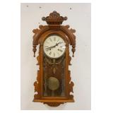 1260	CARVED OAK VICTORIAN WALL CLOCK W/PAINTED DOOR, 15 IN X 33 IN