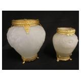1266	2 FROSTED GLASS VASES W/ORNATE BRASS TRIM, FLORAL PATTERNS, TALLEST IS 9 1/2 IN