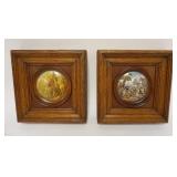 1267	2 FRAMED ANTIQUE POT LIDS, NICE OAK FRAMES, ONE IS REPAIRED & VARNISHED, 8 5/8 IN X 8 7/8 IN