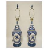 1269	PAIR OF LARGE BLUE DECORATED PORCELAIN LAMPS, URN FORM W/FLORAL MEDALLIONS, 37 1/4 IN HIGH