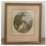 1276	ARTHUR L COX PRINT OF 2 LADIES IN A GARDEN, ONE IS PLAYING A GUITAR, PENCIL SIGNED, 26 3/4 IN X