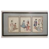 1281	TRIPTYCH OF JAPANESE WOODBLOCK PRINTS, FRAMED W/FRABRIC MAT, 41 IN X 21 IN INCLUDING FRAME