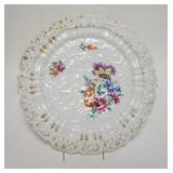1282	MEISSEN HAND PAINTED PLATE, COLORFUL FLORAL W/GOLD TRIM, GOLD WORN, 12 1/4 IN