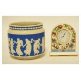 1294	ADAMS JASPERWARE JAR & WEDGWOOD DRESSER CLOCK, TALLEST IS 3 3/4 IN