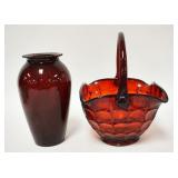 1298	RUBY GLASS VASE & LARGE BASKET, BASKET HAS THE INITIALS JB WHERE HANLE IS APPLIED & IS 10 IN  C