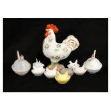1302	10 GLASS HENS ON A NEST, INCUDES A LARGE HAND PAINTED ROOSTER, 8 3/4 IN HIGH, A SMALL & A MEDIU