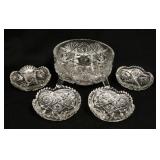 1304	CUT GLASS FERNERY & 4 ICE CREAM DISHES, SMALL DISHES HAVE RIM ROUGHNESS, FERNERY IS 7 3/4 IN DI