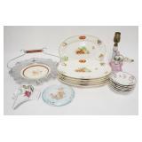1307	LOT OF DECORATED CHINA, INCLUDES 6 OVENWARE 12 IN OVAL PLATES, METAL BASKET W/CATALIN HANDLE, F