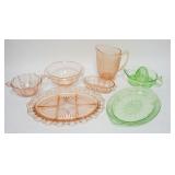 1311	7 PIECE PINK & GREEN DEPRESSION GLASS, INCLUDES CHERRY BLOSSOM PITCHER & CAMEO PLATTER