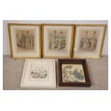 1312	5 FASHION PRINTS, 3 IN MATCHING GOLD FRAMES, ONE IN WALNUT VICTORIAN FRAME