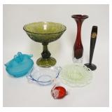 1313	7 PIECE COLORED GLASSWARE, LARGE GREEN COMPOTE IS 9 1/2 IN DIAMETER X 9 1/4 IN HIGH, BLACK GLAS