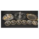 1319	DECORATED GLASS LOT, INCLUDES BUTTERFLY CUT SERVER, DIVIDED CANDY DISH & GOLD TRIMMED TRAY & CO