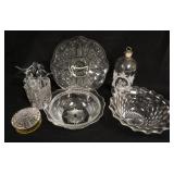 1320	7 PIECE GLASS LOT, INCLUDES PATTERN & DEPRESSION, DECORATED BOTTLE & HAND MADE CRYSTAL BIRDS