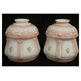 1330	PAIR OF ANTIQUE DECORATED GLASS SHADES, ONE HAS A CHIP ON THE FITTER RIM, 6 1/8 IN HIGH, 2 1/4 