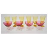 1333	10 PIECE COLORED STEMWARE, 6 LIGHT AMBER ELEGANT ETCHED FOOTED TUMBLERS & 4 CRANBERRY CHAMPAGNE