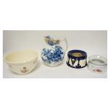 1336	4 PIECES CERAMIC, OVENWARE BOWL, ENGLISH *PETUNIA* PITCHER W/BLUE & GOLD, A GENTS SPITTOON & A 