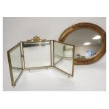 1338	2 MIRRORS, VICTORIAN FOLDING 3 SECTION (ONE IS CRACKED) & SMALL OVAL HANGING MIRROR, 17 IN X 13