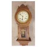 1342	REGULATOR WALL CLOCK IN CARVED CASE, AS FOUND, CREST REPAIRED, 29 3/4 IN HIGH X 10 1/2 IN WIDE