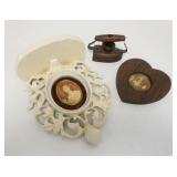 1345	3 PIECE LOT, CAMEO CREATION SHELF (12 3/4 IN HIGH), CUPID AWAKE IN OAK HEART FRAME & ANTIQUE CH