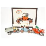 1346	3 TOY TIN FRICTION CARS & AN EMBROIDERED MODEL T PICTURE