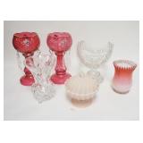 1353	GLASS LOT W/CRANBERRY LUSTERS, CROWN TUSCAN, GLOSSY DIAMOND QUILT CELERY, THESE PIECES HAVE DAM