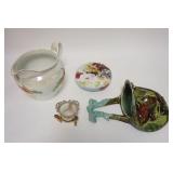 1354	4 PIECE LOT W/LIMOGES BOX & MAJOLICA WALL POCKET, BOTH HAVE DAMAGE
