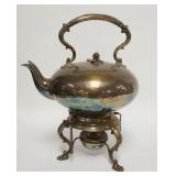 1004	SILVERPLATED TEAPOT ON CLAW FOOT, TILT STAND W/BURNER, FRUIT FINIAL, FLOWER ENGRAVING, NOT MONO