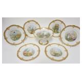 1017	EXCEPTIONAL HAND PAINTED PORCELAIN SET, 7 PIECES, COMPOTE (8 3/4 IN DIAMETER X 5 5/8 IN HIGH) &