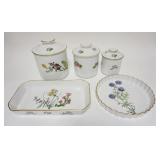 1024	5 PIECES SPODE *STAFFORD FLOWERS* 3 CANISTERS & 2 TRAYS, LARGEST TRAY IS 14 IN X 7 3/8 IN